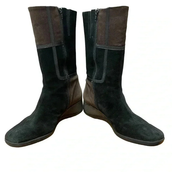 Aquatalia Black/Brown Green Suede ColourBlock Wedge Italian Boots Size 10 - Picture 6 of 9